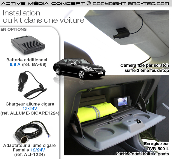 KIT-CAR-500 - Kit Surveillance Automobile micro enregistreur vidéo longue  autonomie avec micro camera 550 lignes basse luminosité