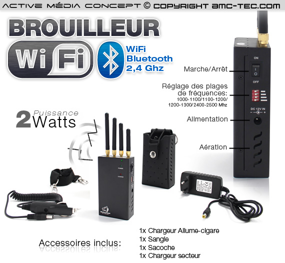 BRV-WIFI-2W - Brouilleur portable ventilé WiFi Bluetooth Caméra sans-fil 2  Watts autonome