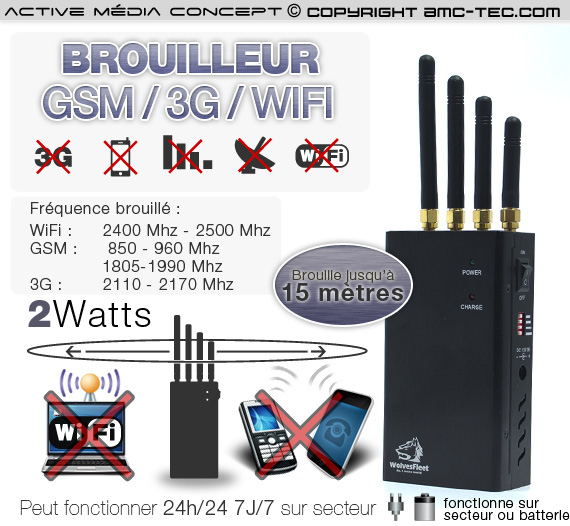 BRV-GSM-3G-WIFI - Brouilleur portable ventilé WIFI GSM et 3G de 2