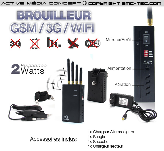 BRV-GSM-3G-WIFI - Brouilleur portable ventilé WIFI GSM et 3G de 2