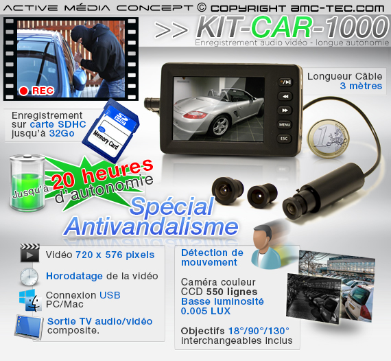 Kit vidéosurveillance Anti vandalisme véhicule Auto Moto avec 2 caméras HD  Longue autonomie mémoire 128 Go