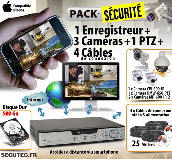 PACK-SECURITE-4 - Kit vidéo surveillance 1 To avec accès sur téléphone ou  internet et 4 caméras 650 lignes intérieur extérieur