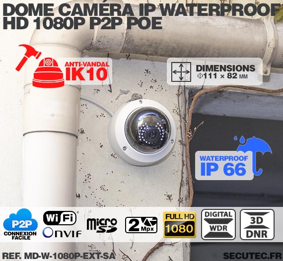 Mini caméra IP WiFi P2P dôme intelligente HD 1080P, capteur 2  Mpx, extérieure, vision nocturne, enregistrement sur microSDHC
