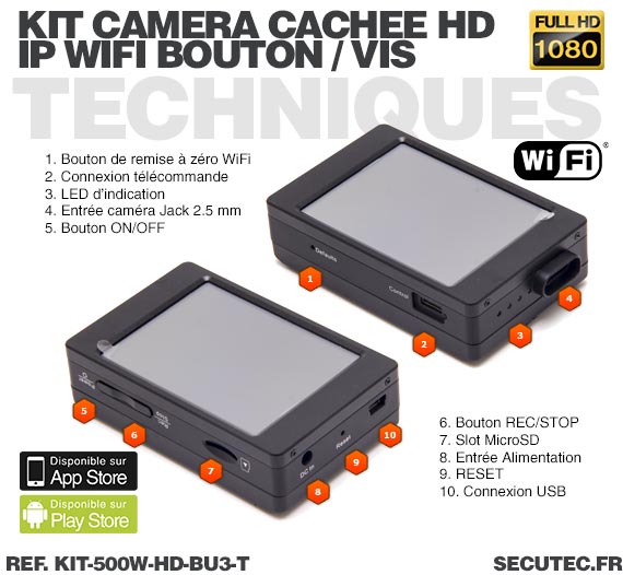 Kit micro caméra bouton ou vis Full HD avec micro enregistreur avec écran  tactile et connexion Wi-Fi sur smartphone iOS & Andr