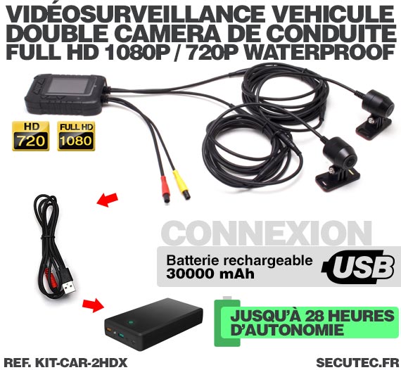 KIT-CAR-2HDX - Kit vidéosurveillance anti vandalisme véhicule auto moto  avec 2 caméra HD longue autonomie mémoire 128 Go
