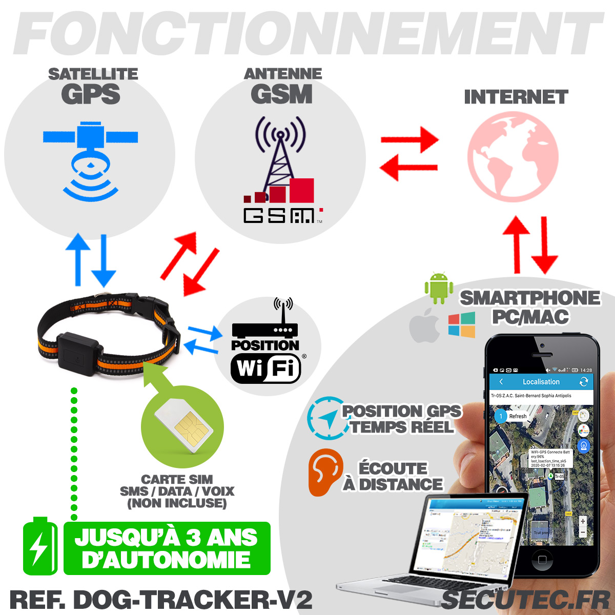 DOG-TRACKER-V2 - Collier traceur GPS temps reel sans abonnement pour animaux