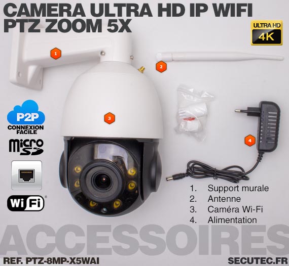 PTZ-8MP-X5WAI - Camera PTZ intelligente 4K UHD IP WiFi detection audio et  humaine autotracking IR Zoom X5 pilotable a distance via iPhone Android et  PC