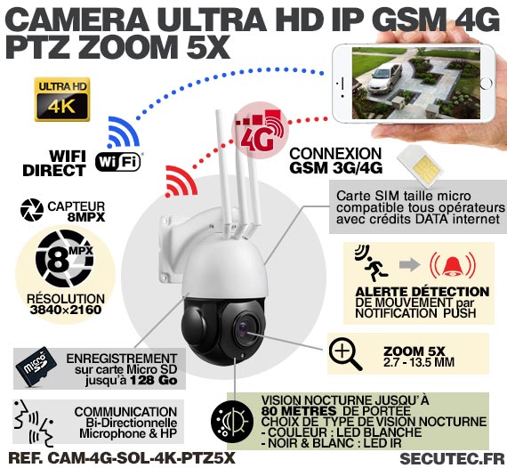 CAM-4G-SOL-4K-PTZ5X - Kit camera PTZ solaire autonome 4G