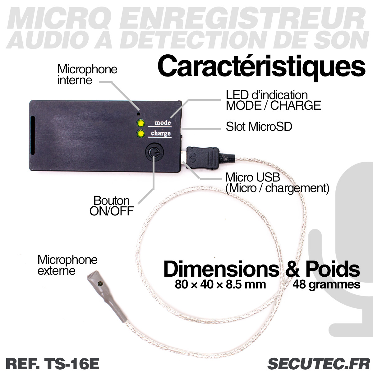 TS-16E - Micro enregistreur audio professionnel haute sensibilite 32 Go  tres longue autonomie
